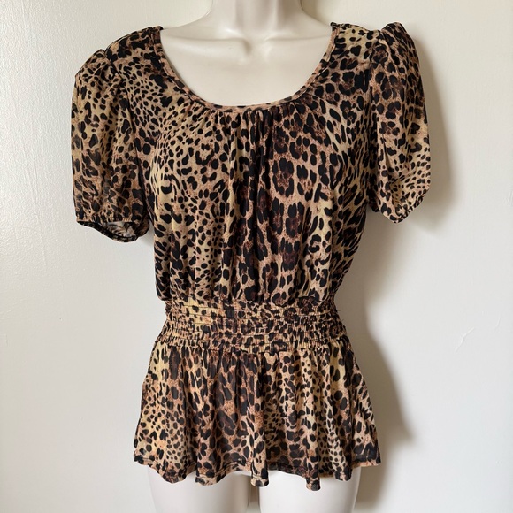 A Love Story Tops - A Love story women’s Leopard Print Puff Sleeve Peplum Top - Brown Small